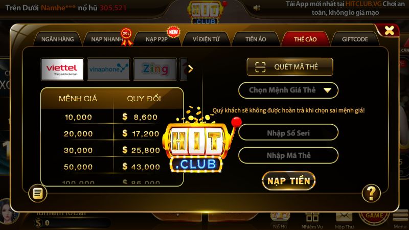 Nạp tiền Hitclub qua thẻ cào nhanh chóng và tiện lợi