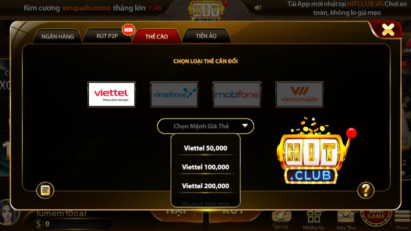 Rút tiền Hitclub đơn giản bằng hình thức thẻ cào điện thoại
